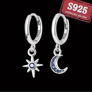 Celestial Star & Moon Blue Zircon Sterling S925 Silver Earrings
